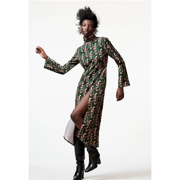Zara Green Paisley Print Long Sleeve Mock Neck Side Slit Midi Dress XXL Blogger - Picture 1 of 14